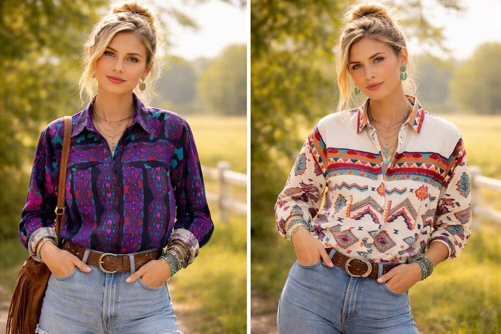 VTG Button Shirt Purple Western Rodeo Aztec Rockabilly Chic Country Lot LARGE